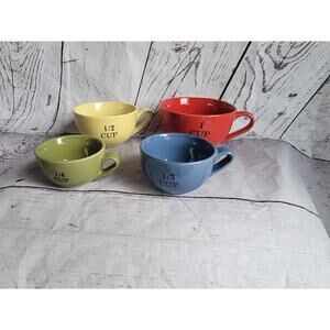 Ceramic Measuring Cups Set of 4 teacups Red Yellow Blue Green Nesting w/ Handles